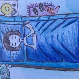 Sovande ungdom som drömmer om sol och vatten. Teckning av Nora Choque Olsson.