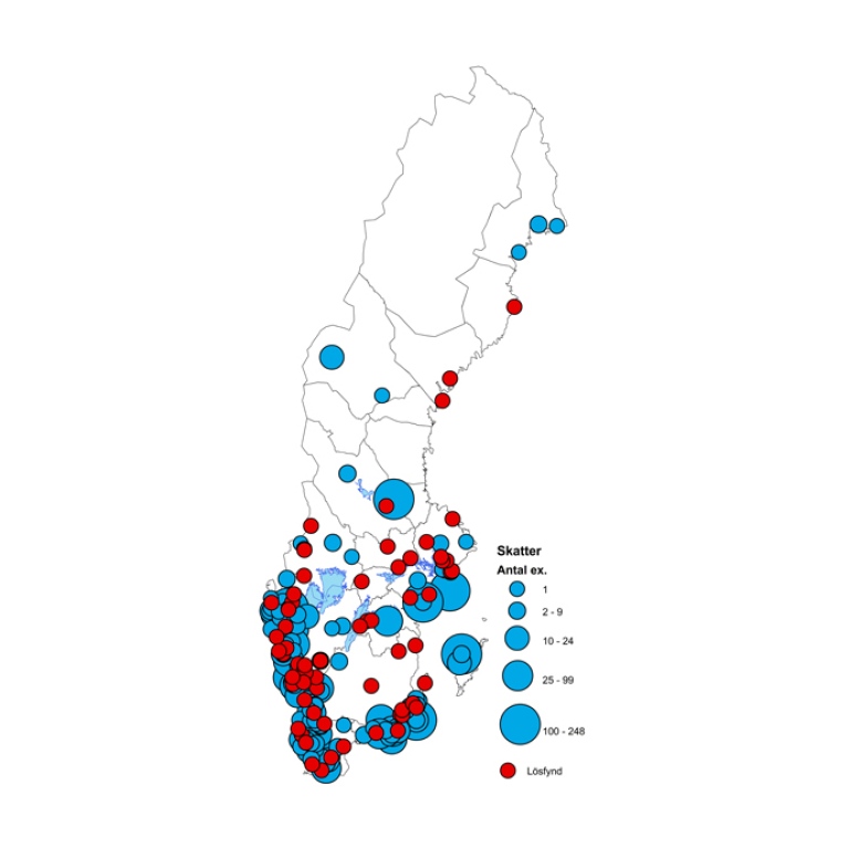 karta som visar fynd av Taler i Sverige
