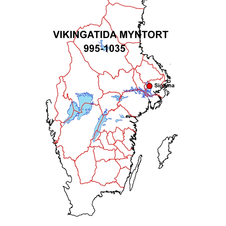 Kartaöver Sverige med den vikingatida myntorten Sigtuna markerad