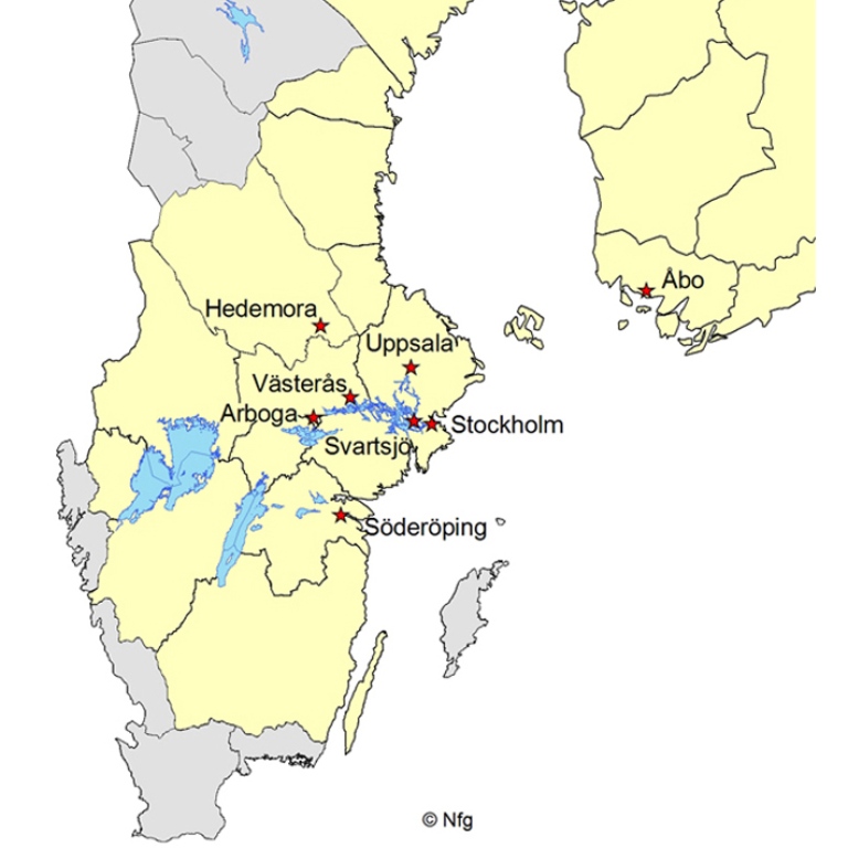 Karta som visar myntorter i Sverige 1521-1560