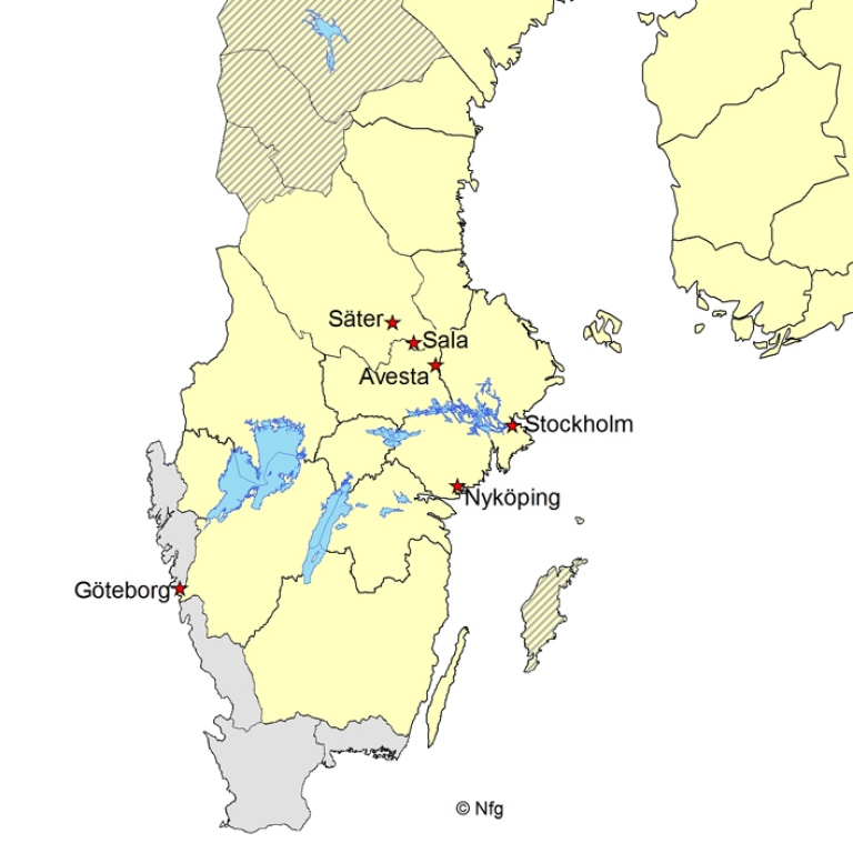 Kartan visar myntorter i Sverige 1632-1658