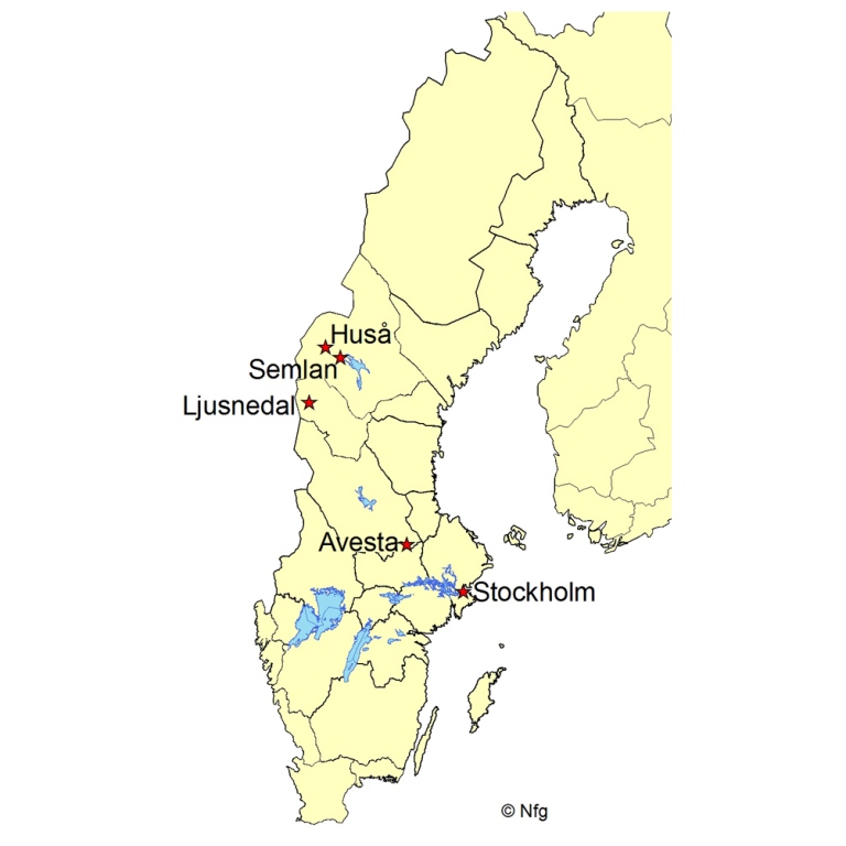 Karta som visar myntorter i Sverige 1718-1809