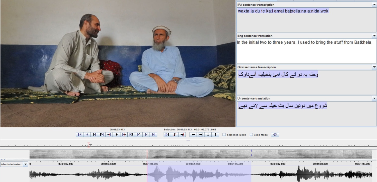  Nasirullah Nasir intervjuar Afser Khan, småföretagare i Arandu. Foto: Henrik Liljegren