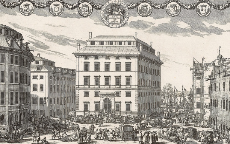 skiss föreställande Riksbanken i Stockholm, framför en massa människor. 1700-tal. 