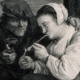 Litografi: teckning av kvinna i huckle som tänder en pipa. En man håller en arm om henne. 