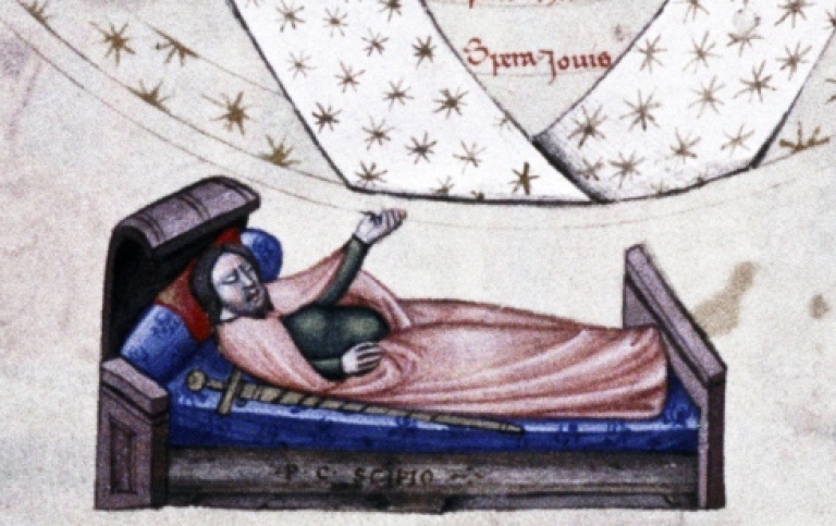 Medeltida illustration, en person i en säng drömmer och flera medeltida personer.
