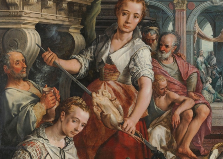 Oljemålning. Kvinnor och män i 1500-talskläder. Framför dem massor av kött och frukt.