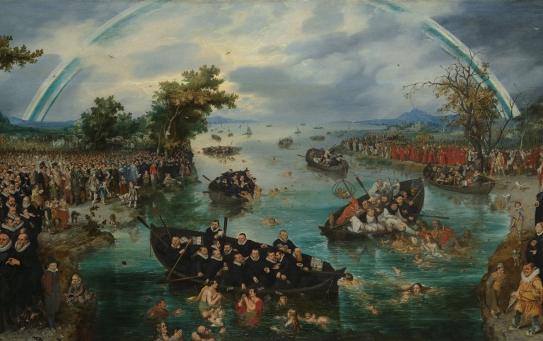 Oljemålning. Många män klädda i 1500-talskläder vid en å. I ån fler män i roddbåtar som sjunker.
