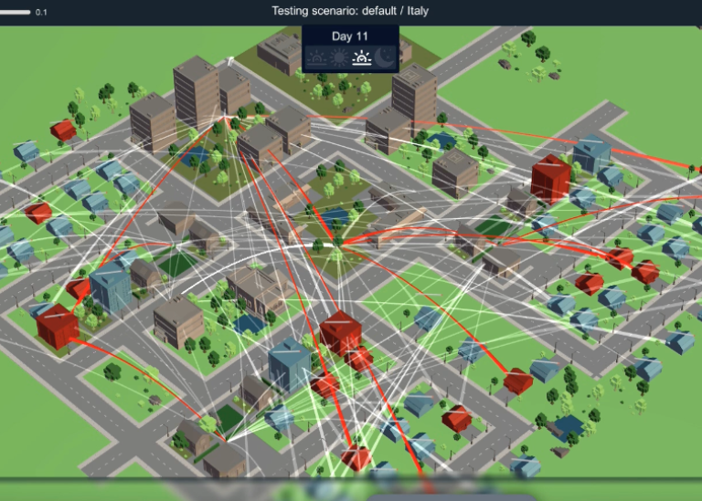 Screenshot of a simulation from the ASSOCC project that studies different COVID-19 scenarios