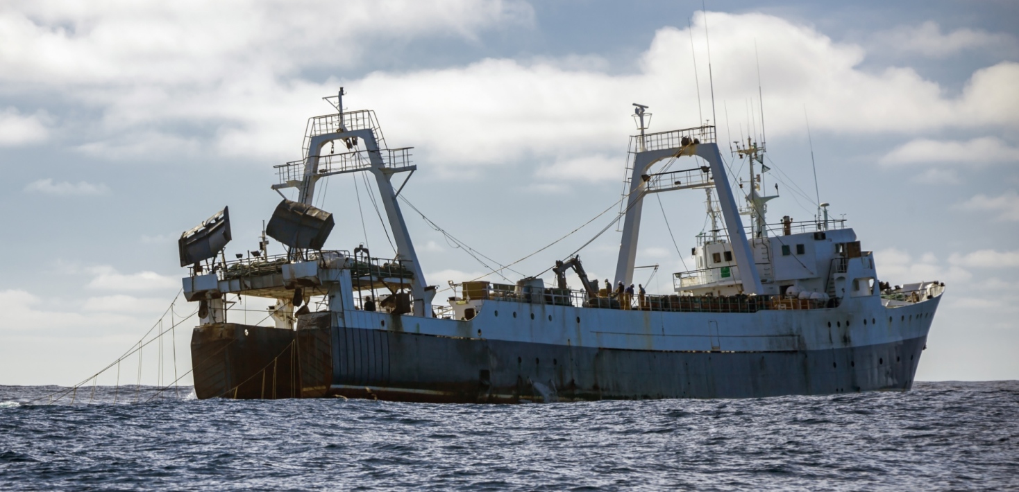 Ett stort trålningsfartyg som trålar efter fisk och skaldjur. 