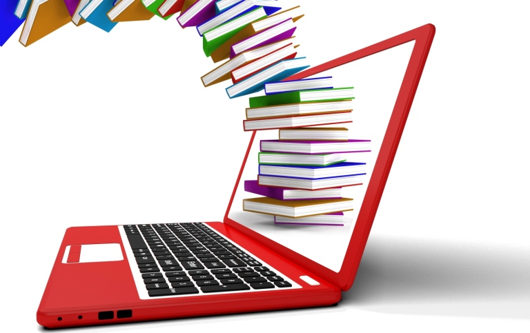 Illustration of stack of books flying from computer