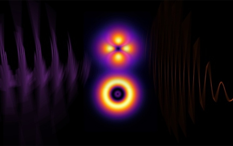  Artistic illustration of how a train of attosecond pulses (blue) and a IR-laser pulse (red)