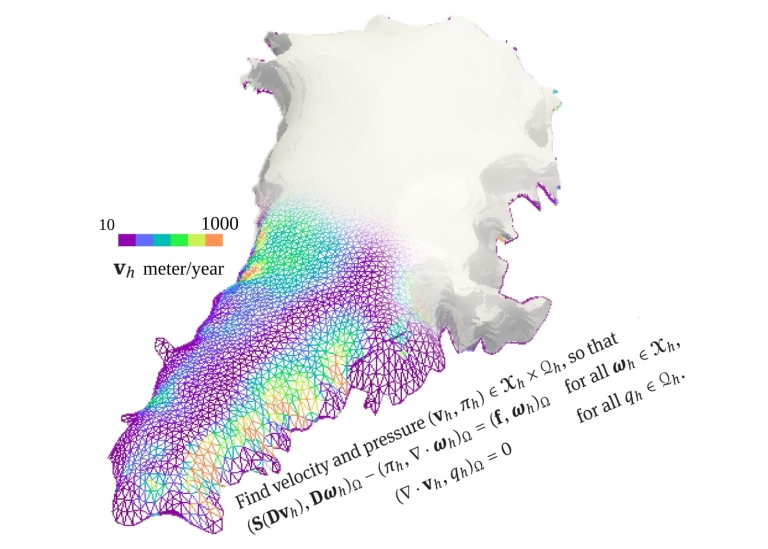 Image of Greenland, half covered by a mesh which in colours shows velocity of the ice.