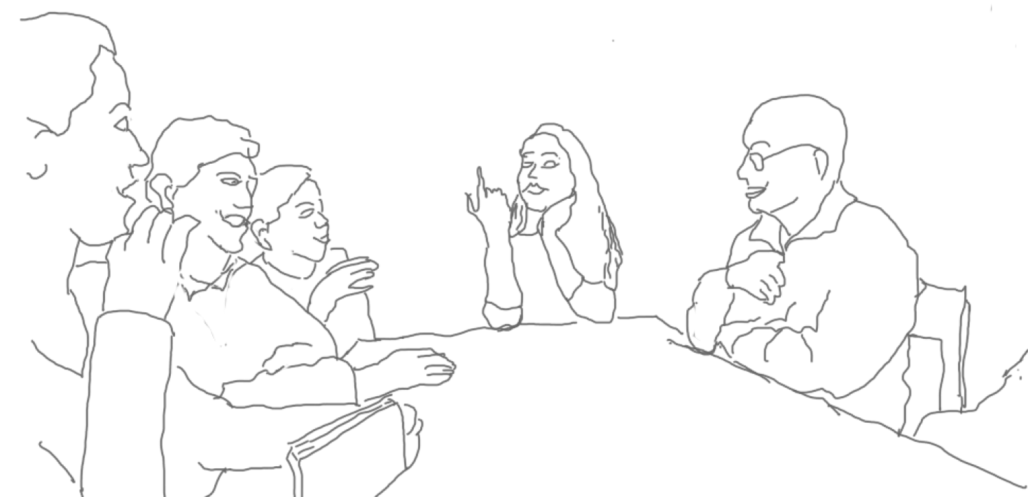 Skiss av människor runt ett bord som samtalar. Illustration: Gunilla Jansson
