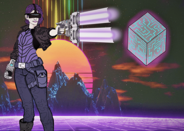 Woman with cyber gun. Illustration from CS:NO an XR experience for cyber security education.