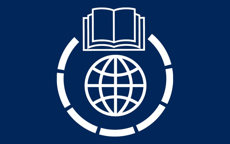 Book and globe vector graphic in blue and white