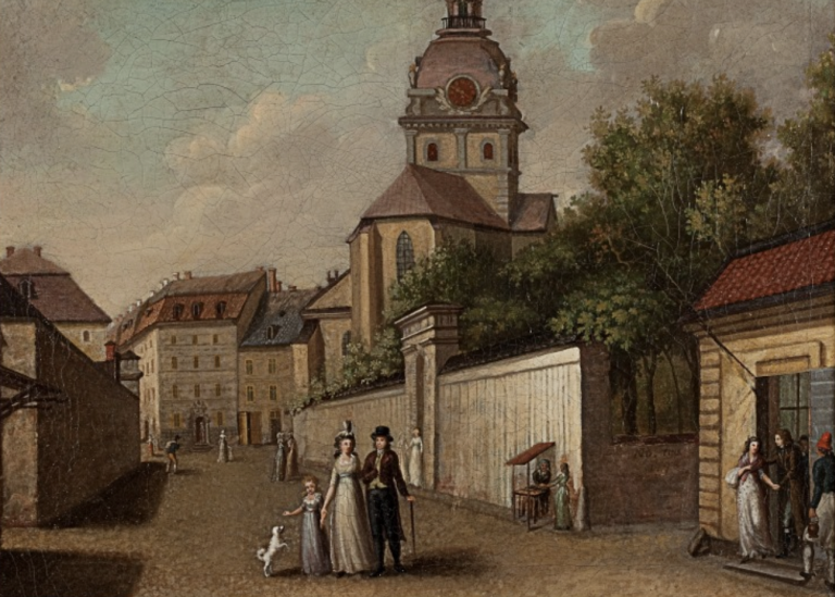 Arsenalsgatan mot Jakobs torg, 1790-tal. En familj går gatan fram längs med muren mot Kungsträdgårde