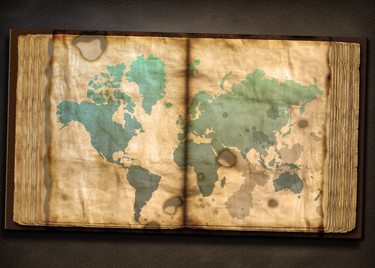 Uppslagen bok i gammal stil med världskarta