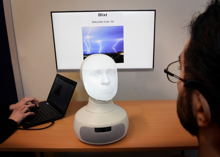 En robotbyst med ett ansikte framför en datorskräm och en person som pratar med den.
