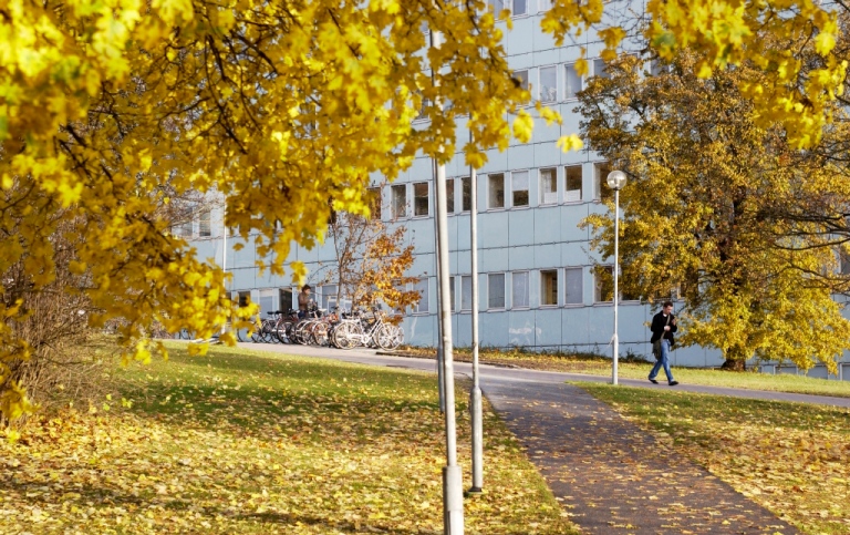 Person som går vid Södra huset en solig höstdag.