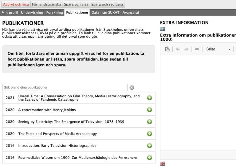 Add your DiVA publications on your profile page. Screenshot: Stockholm University