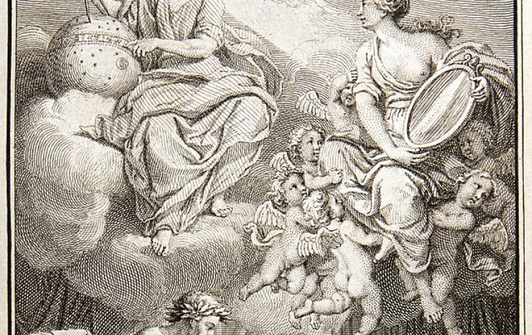 Teckning av vetenskapsmannen Voltaire sittandes vid ett bord med en himlakör ovanför.