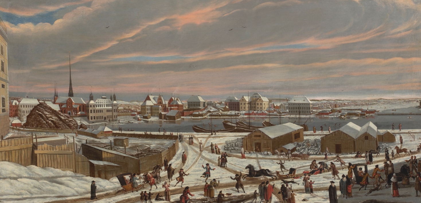 Vinterbild från Stockholm. 1700-1720, hus och människor och en släde som vält