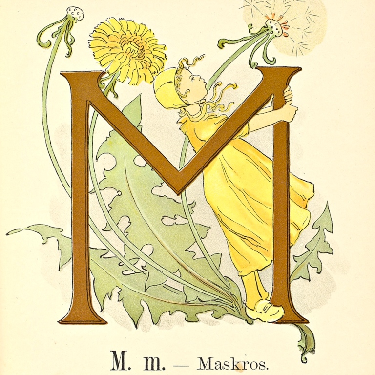 Illustration av bokstaven M med en flicka i gul klänning och maskros