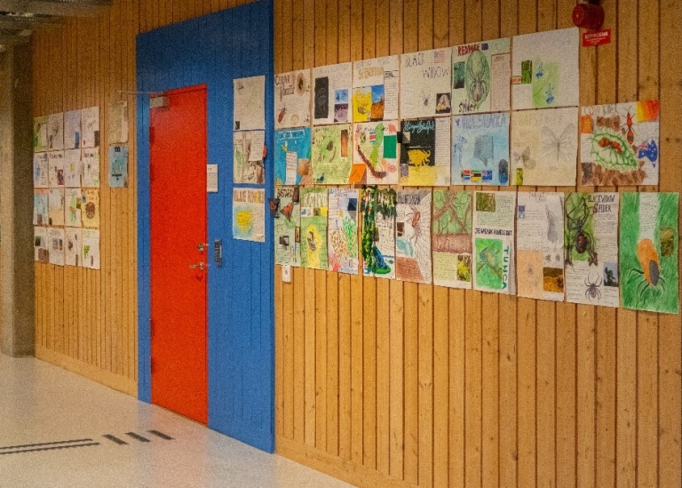 En vägg med färgglada teckningar som täcker en stor del av ytan.