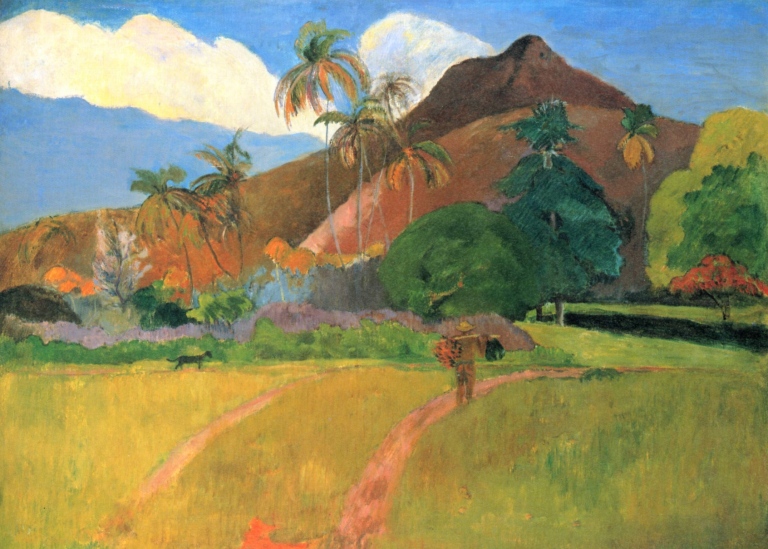 Målning som föreställer Tahitiskt landskap av Paul Gauguin