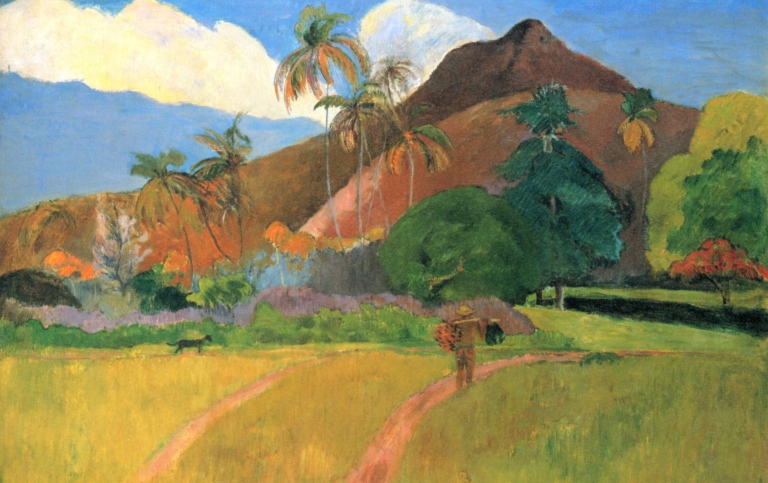 Målning som föreställer Tahitiskt landskap av Paul Gauguin