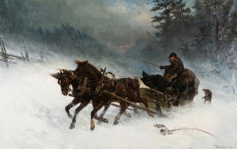 painting. A sleigh pulled by two horses in a snow storm.