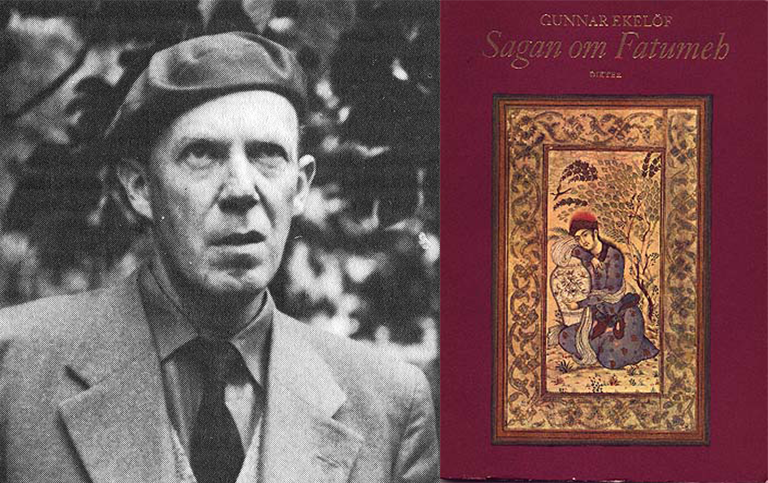 Gunnar Ekelöf och omslaget till boken Sagan om Fatimeh