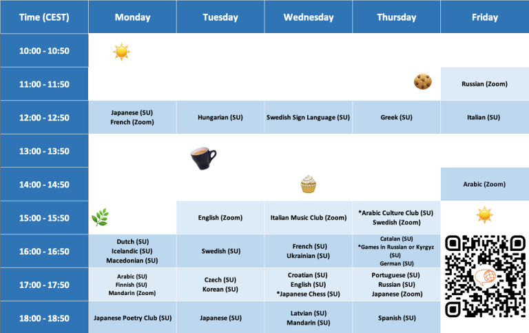 Schedule for the language cafes spring 2024