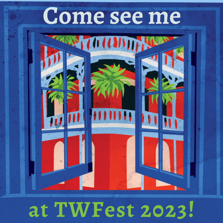 Illustration föreställande ett blått fönster som öppnas Text: Come see me at TW Fest 2023