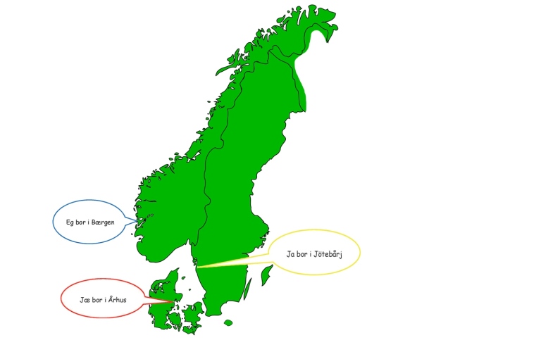 Karta Sverige Norge Danmark med pratbubblor med talspråkliga fraser på respektive språk Jag bor i 