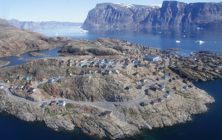 Aerial view of Salliaruseq Island and Uummannaq, photographed from Air Greenland Bell 212 helicopter