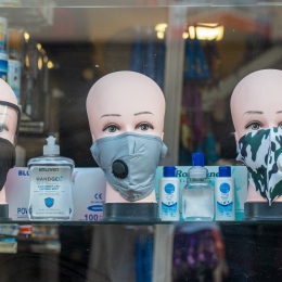 A shop window, selling face masks and sanitizer, during the COVID-19 pandemic