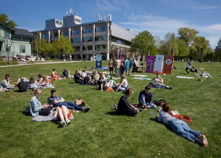 Group of students sitting on the grass at Campus Frescati. Photographer: Jens Olof Lasthein