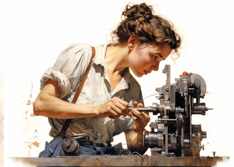 Kvinna som mekar med en maskin.