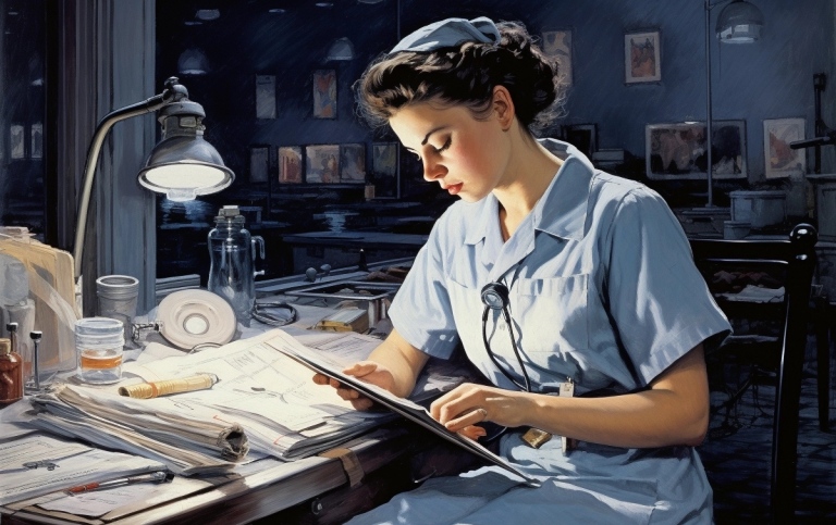 Kvinna som läser något i ljuset av en skrivbordslampa.