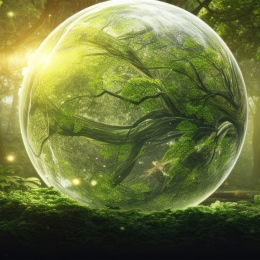 Glasklot i en skog, reflekteringar av träd, gräs och solsken