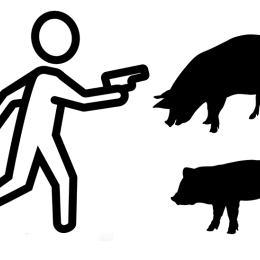 Silhouette of cartoon gangster and two pigs.