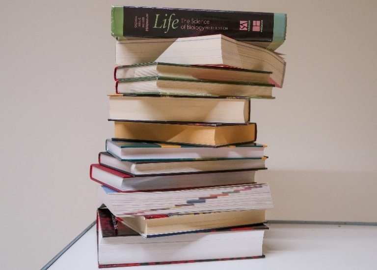Hög med staplade böcker. På den översta syns bokryggen, boken heter "Life".