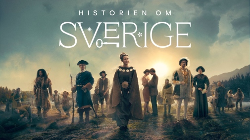 Personer i kläder från olika historiska perioder i dramatiskt ljus. Rubrik: Historien om Sverige.