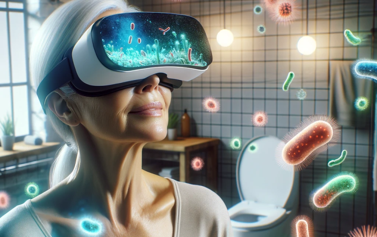 Kvinna med VR-glasögon i ett badrum med svävande färgglada bakterier. AI-genererad bild från DALL-E.
