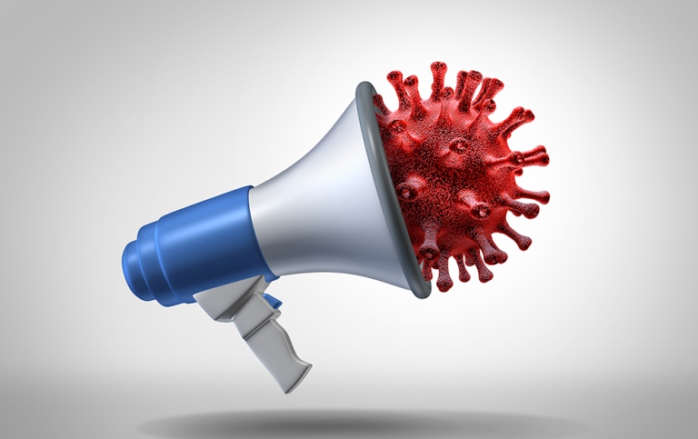 Illustration of a red virus in a megaphone.