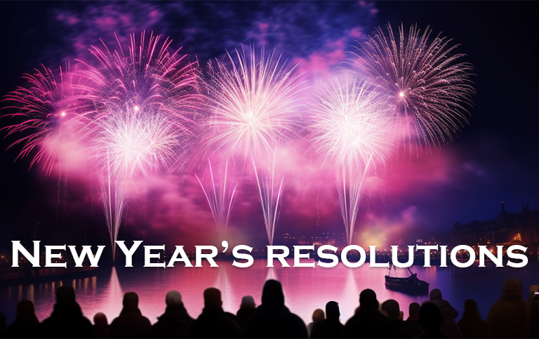 The text New Year's Resolutions on a backdrop of fireworks. AI-generated.