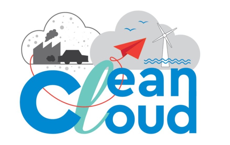 CleanCloud logo with fossil exhaust and clean ocean air images