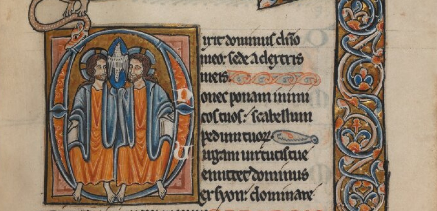 medeltida handskriven text och en illustration föreställande två identiska män. 